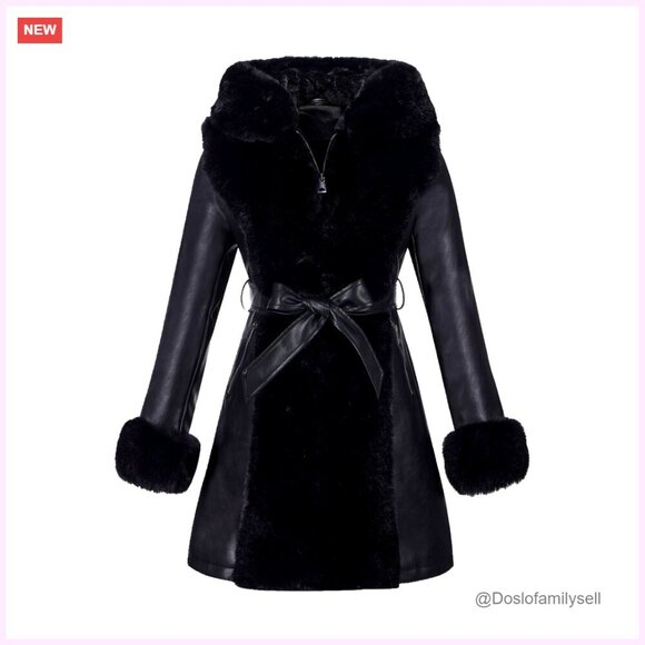 Jackets & Blazers - Faux Leather Fur Lined Hooded Coat with Belt, Heavy Winter Overcoat